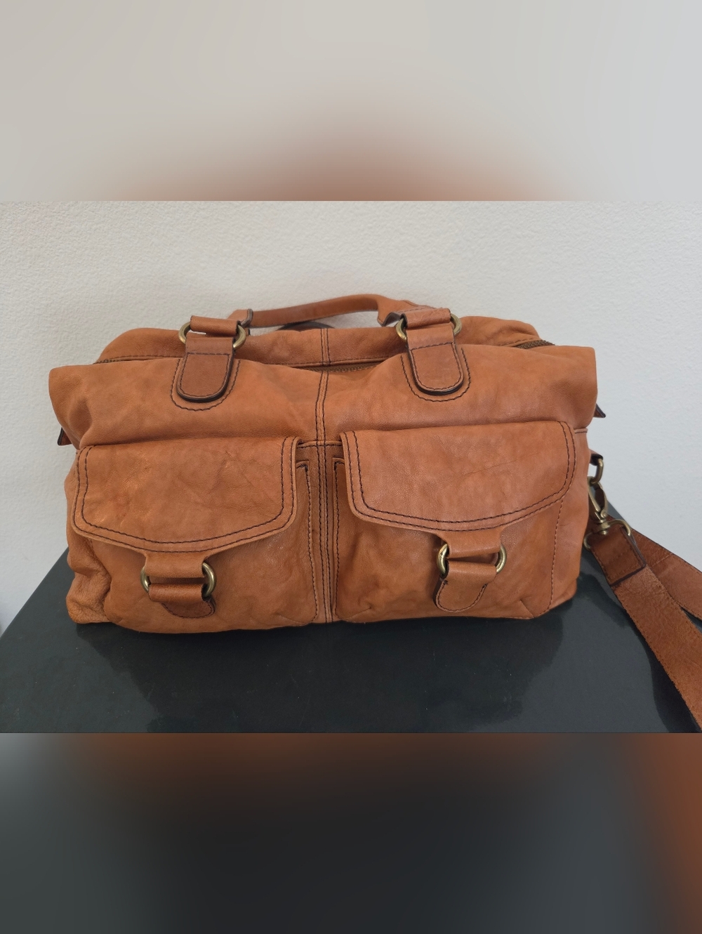 Vintage Y2K Halogen Cognac Leather Utility Pocket Satchel Crossbody Bag